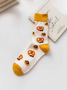 1/4 par de calcetines divertidos con estampado de comida a media pantorrilla, patrón de pizza, galleta, pan, fresa y dibujos animados, calcetines versátiles y lindos para niñas - Multicolor - Ver 5