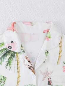 Plus Size 3-Piece Pajama Set For Women, Cool Short Sleeve, Plus Size Sleepwear Set, Plus Size Body, 3-Piece Set, Shorts And Long Pants, Lapel Button Short Sleeve, All Season Wear, Plus Size, Home Wear, Comfortable And Loose, Coconut Tree Tiger Flamingo Vacation Style Print - White - View 4