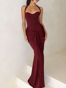 Halter Heart Neckline Ruched Tie Front Slim Fit Bodycon Maxi Dress, Elegant Slim Fit Long Dress, Suitable For Wedding Guest, Cocktail Party, Formal Dinner, Date Night, Autumn - Burgundy - View 5
