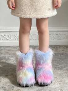 1 Pair Kids Gradient Striped Long Fur Plush Ankle Boots, Loose Cuff Style, Playful Outfit, Suitable For Holiday Atmosphere, Perfect For Winter Outings - Pink - View 5