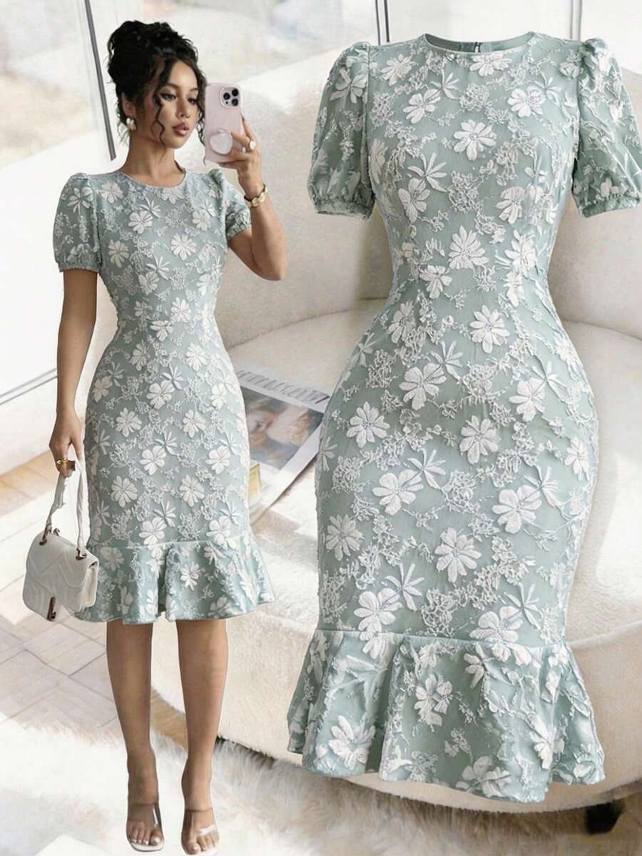 Women's Elegant Jacquard Round Neck Puff Sleeve Fitted Dress, Suitable For Commuting And Daily Wear, Women's Dress, Women's Elegant Dress