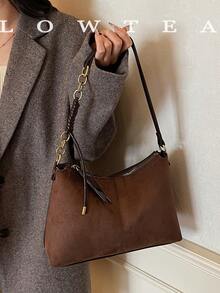 low tea 1pc Minimalist Crescent-Shaped Suede Fabric Shoulder Bag, Suitable For Commuting, Shopping And More - Coffee - View 7