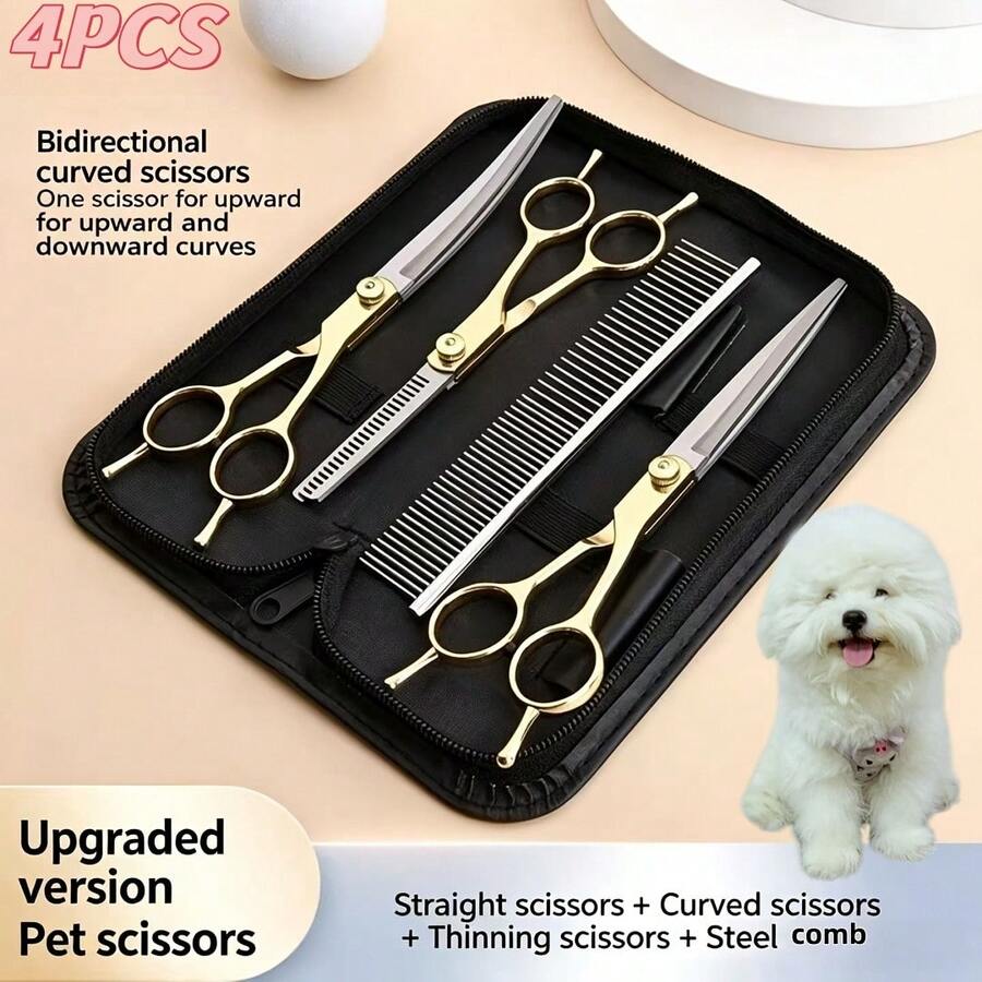 Professional Pet Grooming Scissors 4pcs Set 7 Inch Galvanized Straight Curved Thinning Scissors Cat Dog Hair Trimming Tool, Premium Pet Grooming Scissors Set, Stainless Steel Scissors, Pet Grooming Scissors - View 1