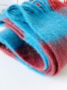 1PcWomen Fuzzy Mohair Texture Plaid Fringe Scarf, Oversized Color Block Check Winter Warm Neck Wrap Shawl - Red and Blue - View 9