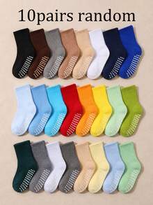 10 Pairs Random Solid Color Ribbed Mid-Calf Non-Slip Socks For Infants, Multiple Bright Colors, Knee-High Mid-Calf Floor Socks With Soft Elastic Non-Slip Strips On Bottom, Breathable Fabric, Suitable For Toddlers And Children's Daily Indoor Wear - Multicolor - View 9