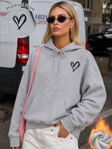 Women's New Autumn/Winter Fashion Heart Print Casual Versatile Thermal Lined Sweatshirt Sweatshirt Fall - Dark Gray - View 2