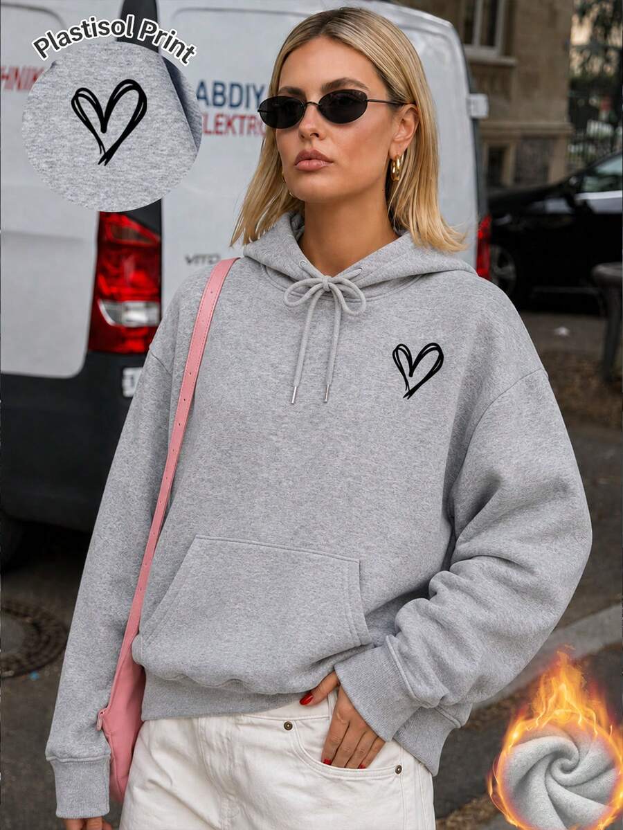 Women's New Autumn/Winter Fashion Heart Print Casual Versatile Thermal Lined Hooded Sweatshirt Fall - Dark Gray - View 1