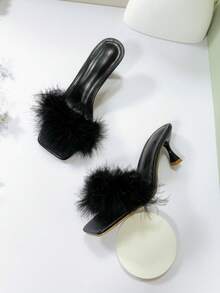 Fashionable Women's High Heel Sandals, High-End Fluffy Faux Feather-Like Elegant Toe Design, Casual Slip-On Half-Back Sandals - Black - View 6