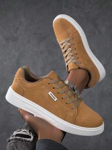 Men's Solid Color Lace-Up Low-Top Round Toe Minimalist Casual Sneakers For Daily Wear - Brown - View 3