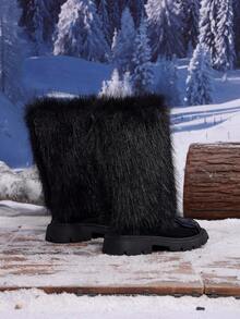 1 Pair New Autumn/Winter Fluffy Long Fur Decor Warm Comfortable Round Toe Mid-Calf Back Zipper Design Classic Children's Boots - Black - View 5