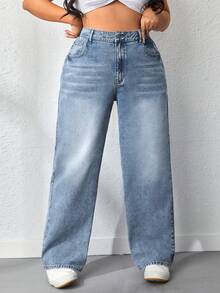 Plus Size Women's Wide Leg Straight Denim Jeans, Solid Color Washed Denim, Plus Size Wide Leg Straight Jeans, Holiday Daily All Seasons - Light Color - View 1