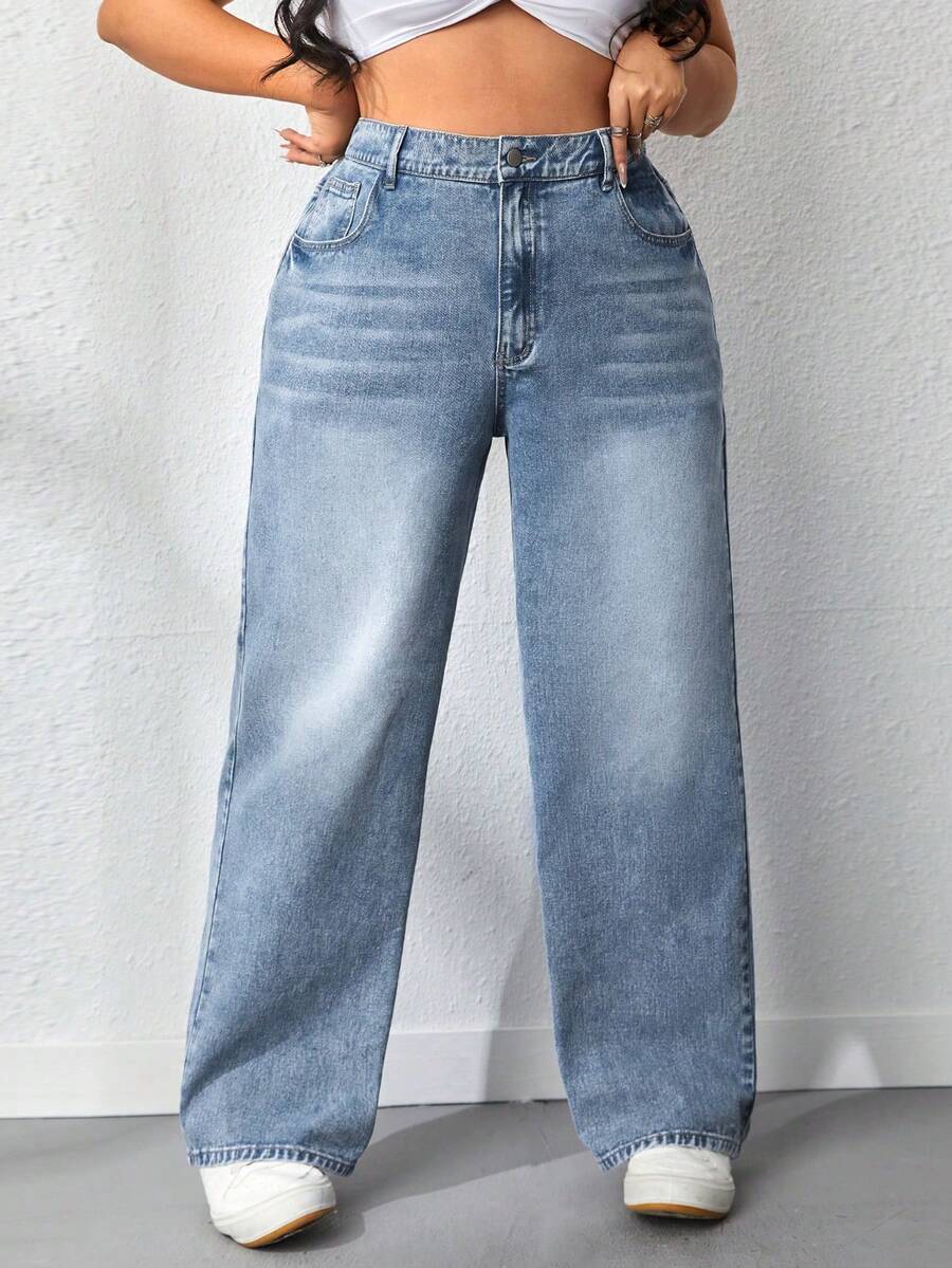 Plus Size Women's Wide Leg Straight Denim Jeans, Solid Color Washed Denim, Plus Size Wide Leg Straight Jeans, Holiday Daily All Seasons - Light Color - View 1