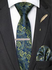 4‑Pcs Men Paisley Pattern Neck Tie Set, Jacquard Woven Necktie, Pocket Square, Tie Clip, Feather Lapel Pin For Wedding Business Formal Occasion - Multicolor - View 5