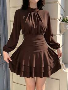 abyoxi Women's Brown Stand Collar Ruched Long Sleeve Fitted Mini Dress, Back Elastic Waist A-Line With Multi-Layer Ruffle Design, Elegant, Vintage, Romantic, Suitable For Date, Party, Going Out And Daily Commute, Autumn/Winter Short Dress - Brown - View 6