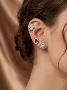 1/3Pairs Delicate Silver CZ Earrings Set | Red Halo, Star Halo & Clover Studs | Elegant Office & Mother's Day Jewelry - Gold - View 2