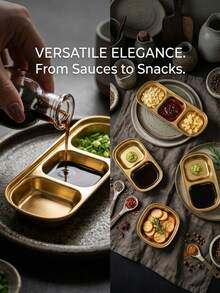 6/3/1pc Gold Stainless Steel 3-Compartment Dipping Sauce Dish Set, Stackable For Easy Storage, Dishwasher , Kitchen BBQ Hot Pot Sushi Soy Sauce Side Dish Condiment Sauce Snack Plate - Multicolor - View 9
