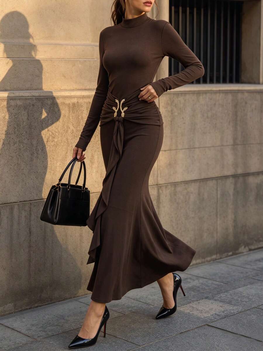 Gaun Maxi Model Duyung Leher Tinggi untuk Wanita Musim Gugur, Gaun Pesta Bodycon Lengan Panjang dengan Balutan dan Hiasan Ruffle di Pinggang - Coffee Brown - View 1