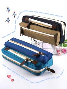 1pc Colorblock Patchwork Double Layer Zipper Pencil Case, Large Capacity Oxford Fabric Waterproof Stain-Resistant Student Stationery Storage Bag, Multiple Colors Available, Simple Durable Pencil Pouch - Multicolor - View 8