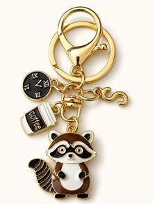 1pc Raccoon Coffee Theme Gold Keychain, Girls Bag Decoration Pendant, Niche Design Raccoon Coffee Cup Key Ring, Coffee Cup Clock Element Creative Car Key Pendant, Keychain, Key Ring, Car Keychain - Multicolor Raccoon Coffee Mug - View 10