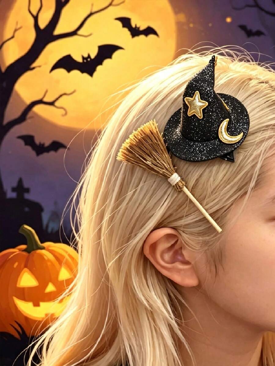 Halloween Mini Witch Hat & Fun Creative Realistic Broom Hair Clip (2pcs Set) - Cute Side Bangs Hair Clip/Headpiece; Suitable For Cosplay, Holiday Decor And Photo Props; Ideal Choice For Party, Portrait Photography And Holiday Gifts - Multicolor - View 1