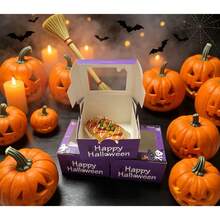5 hộp bánh giấy cửa sổ trong suốt 4x4x2.5 inch, hộp quà Halloween phong cách tối vui nhộn in hình dơi và bí ngô, hộp giấy vuông nắp lật cho bánh mini, donut, cookie và tráng miệng tiệc - Nhiều màu - Xem 1