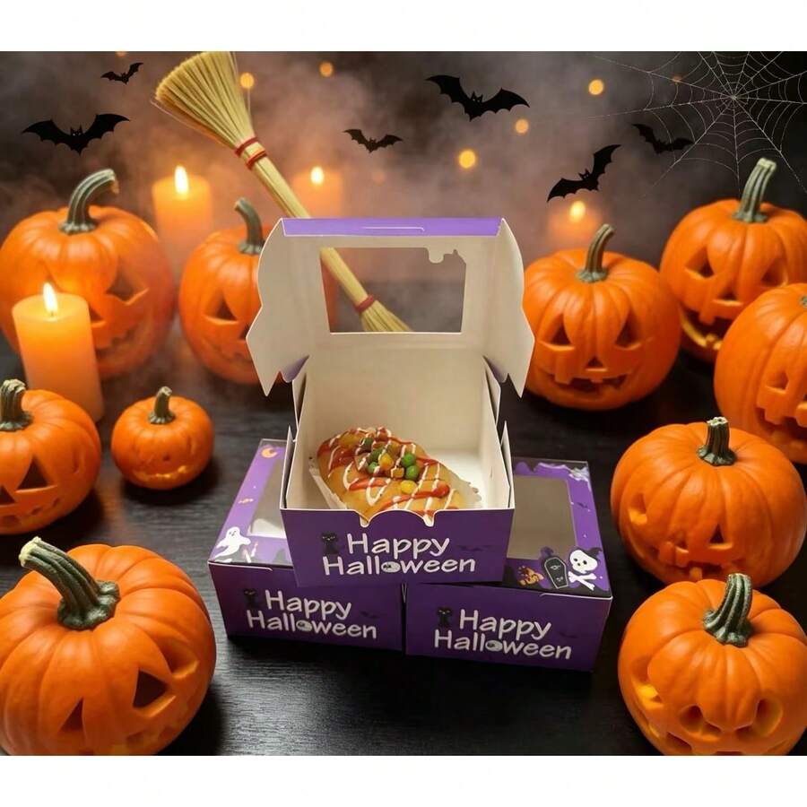 5 hộp bánh giấy cửa sổ trong suốt 4x4x2.5 inch, hộp quà Halloween phong cách tối vui nhộn in hình dơi và bí ngô, hộp giấy vuông nắp lật cho bánh mini, donut, cookie và tráng miệng tiệc - Nhiều màu - Xem 1