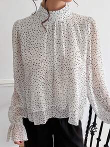 White Polka Dot Faux Collar Back Tie Bow Chiffon Blouse, Long Flared Sleeves, Pleated Layered Hem, Cropped, Summer - Black and White - View 3