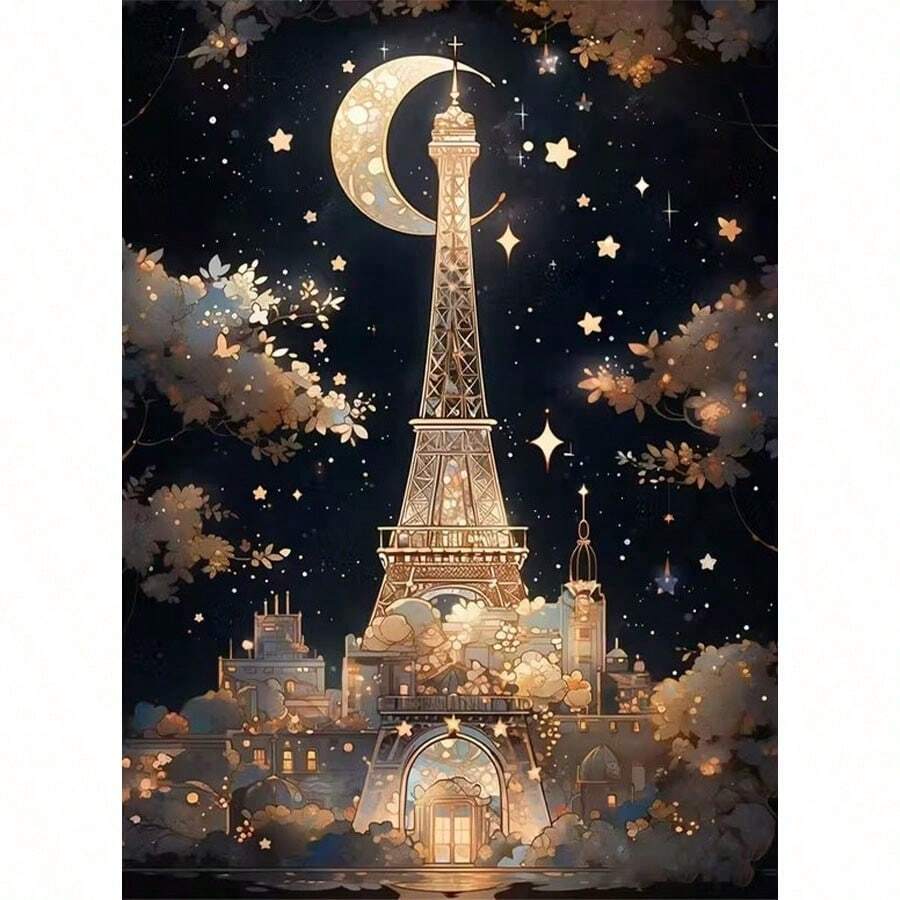1 bộ kit tranh đính đá 5D DIY họa tiết Tháp Eiffel, đá tròn phủ kín, tranh mosaic thủ công trang trí tường nhà, không khung - Không có khung - Xem 1