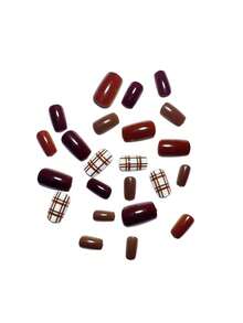 24PCS Autumn/Winter Caramel Brown & Milk Coffee Plaid Wearable Nails, Medium Square Shape, Skin-Flattering Handmade Press-On False Nails, Removable Nail Stickers - Mocha Brown - View 4