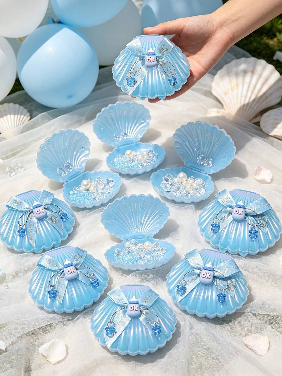 6/1pc Blue & Pink Pearlescent Shell Storage Box With Baby Bottle Accessory, Pacifier Pendant And Gold Printed Ribbon Bow, Shell Plastic Box, DIY Fillable Gift Box, Gender Reveal Party Gift, Baby Shower Party Gift, Baby Party Theme, Birthday Gift, Guest Favor - Multicolor - View 1