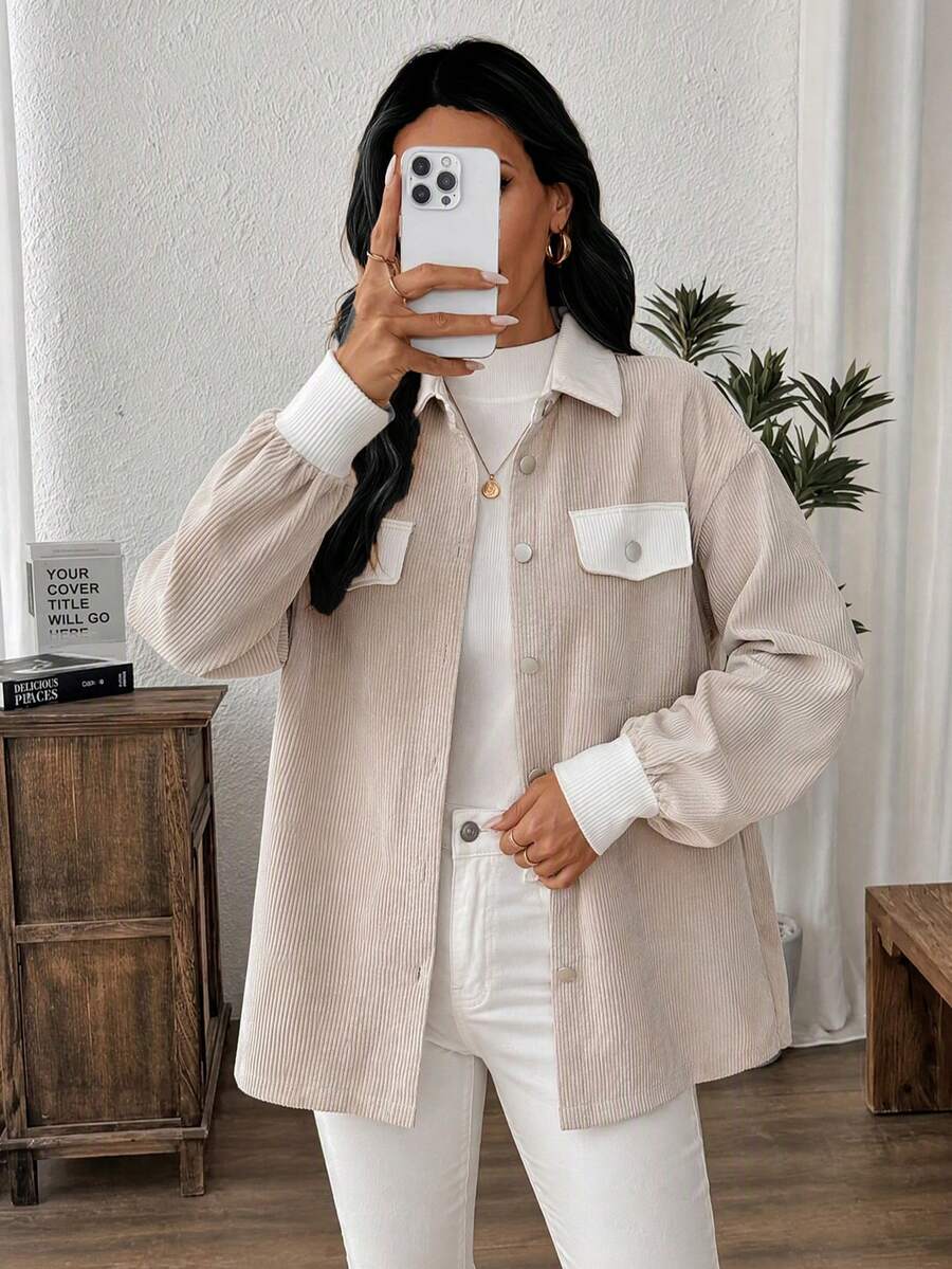 Women's Casual Contrast Color Button Front Corduroy Shacket, Minimalist Collegiate Style For Commute And Daily Wear, Long Sleeve Autumn/Winter Outerwear - Apricot - View 1