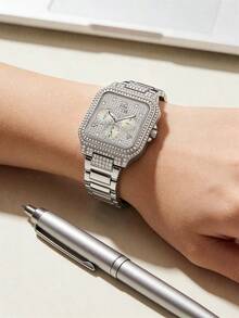 GUESS Luxury GW0472L2 Chronograph Watch, Square Mother-Of-Pearl Subdial Rhinestone Decor Gold Metal Band Women Wristwatch - Gold - View 7