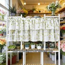 1pc Pastoral Style Green Leaf Print Double Layer Sheer Curtain, Semi-Transparent Pleated Coffee Curtain, Rod Pocket Kitchen Window Short Curtain, Bathroom Dust-Proof Privacy Small Curtain - Green - View 12