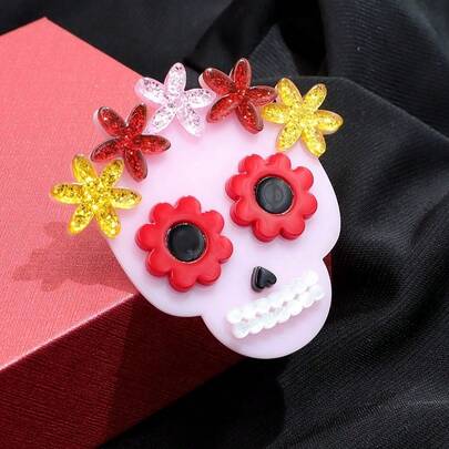 1pc Handmade Acrylic Pink Skull Brooch With Flower On Head For Women, Halloween Cartoon Couple Pin Badge