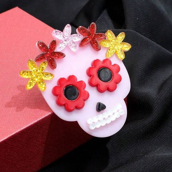 1pc Handmade Acrylic Pink Skull Brooch With Flower On Head For Women, Halloween Cartoon Couple Pin Badge