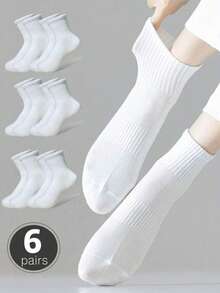 6 Pairs Women's White Mid-Calf Breathable Sweat-Absorbing Pure Cotton Socks, Comfortable Versatile White Socks, Best Autumn Solid Color Casual Minimalist Socks - White - View 1