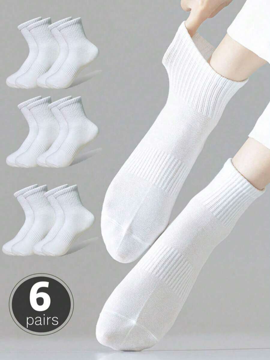 6 Pairs Women's White Mid-Calf Breathable Sweat-Absorbing Pure Cotton Socks, Comfortable Versatile White Socks, Best Autumn Solid Color Casual Minimalist Socks - White - View 1