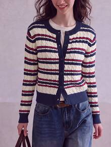 Jaket Sweater Rajut Cardigan Leher Bulat Motif Garis-Garis Prancis Elegan untuk Wanita Musim Gugur/Dingin - Navy Blue - View 3