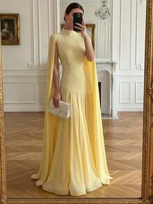 Elegant Solid Color Ruffle Trim Long Sleeve Flowy Dress, Formal Evening Gown For Wedding, Party, Holiday Spring Yellow, Chic & Elegant - Yellow - View 3