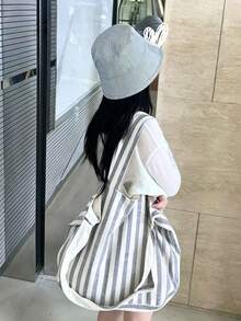 開學季韓系小眾設計 Ins 風條紋大容量腋下單肩托特包 學生休閒極簡雙肩帶刺繡帆布包 女款可折疊輕量肩背托特包 - 白色 - 查看 2