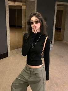 Atasan Dalaman Lengan Panjang Leher Bulat Minimalis Premium Gaya Seksi Musim Gugur/Dingin, Pullover Fleece Nyaman untuk Wanita Warna Hitam Musim Gugur - Hitam - View 7