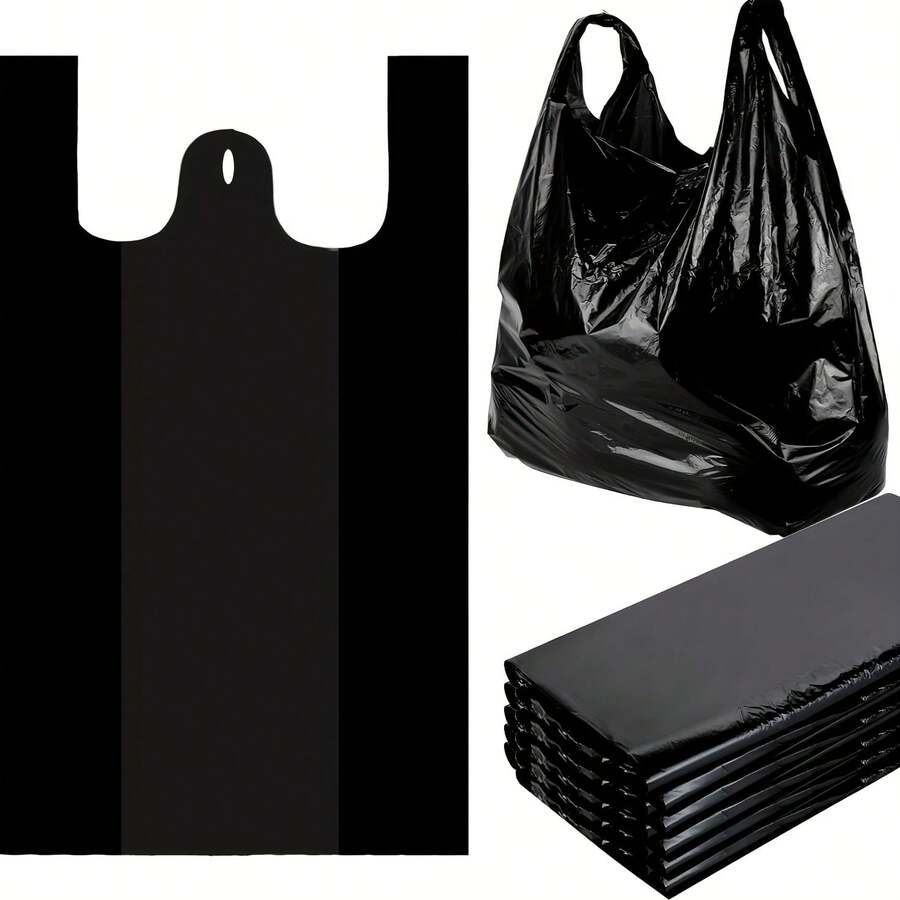 100pcs/50pcs Thickened Large Black Trash Bags, Kitchen Garbage Bags, Vegetable Bags, Large Size Trash Bags, Suitable For Paper, Plastic, Bottles, Newspapers, Lawn, With Handle T-Shirt Bags, Large Capacity Plastic Bags - Tank Top Style - View 1
