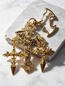 Gothic Vintage Carved Cross & Bat Metal Keychain, Unique Bat Lobster Clasp Bag Charm Pendant, Y2K Street Fashion Accessory, Unisex Gift - Multicolor - View 3