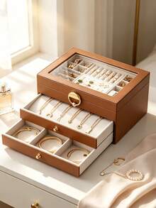 1pc Luxury Jewelry Storage Box With Transparent Lid, Double-Layer Drawer Jewelry Organizer, PU Leather Dust-Proof Display Box, Can Store Rings, Earrings, Necklaces, Bracelets, Perfect Gift For Women - View 2
