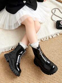 1 Pair Kids' Minimalist Straight-Leg Ankle Boots With Round Ring Front Zipper Design, Suitable For Formal Occasions, Daily Commute, Outdoor Activities, Autumn/Winter - Black - View 4