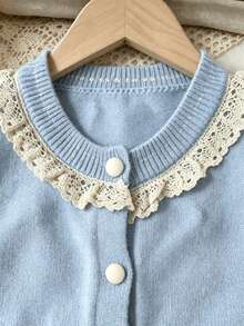 WUHUANG YIYI Baby Girls Sweet Cute Style Round Neck Lace Trim Solid Color Handmade Cartoon Cat Design Sweater Vest Cardigan Loose Fit Suitable For Daily Outing Autumn - Baby Blue - View 3