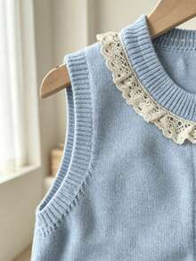 WUHUANG YIYI Baby Girls Sweet Cute Style Round Neck Lace Trim Solid Color Handmade Cartoon Cat Design Sweater Vest Cardigan Loose Fit Suitable For Daily Outing Autumn - Baby Blue - View 5