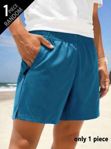 [1 Set Random]1pc Boys' Teenager Solid Color Minimalist Casual Sports Shorts, Outdoor Versatile Straight Leg Shorts, Spring/Summer - Teal Blue - View 6