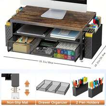 Monitor Stand Riser, Multifunctional Computer Stand, Wooden Desk Accessories And Organizer With Drawer And 2 Pen Holder, Desk Monitor Riser For Screen, Ergonomic Desktop Stand For Home Office Desk Space-Saving Accessory - Wood - View 1