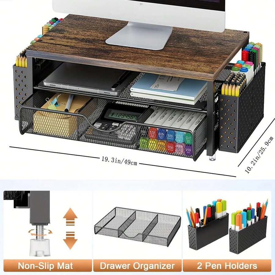 Monitor Stand Riser, Multifunctional Computer Stand, Wooden Desk Accessories And Organizer With Drawer And 2 Pen Holder, Desk Monitor Riser For Screen, Ergonomic Desktop Stand For Home Office Desk Space-Saving Accessory - Wood - View 1